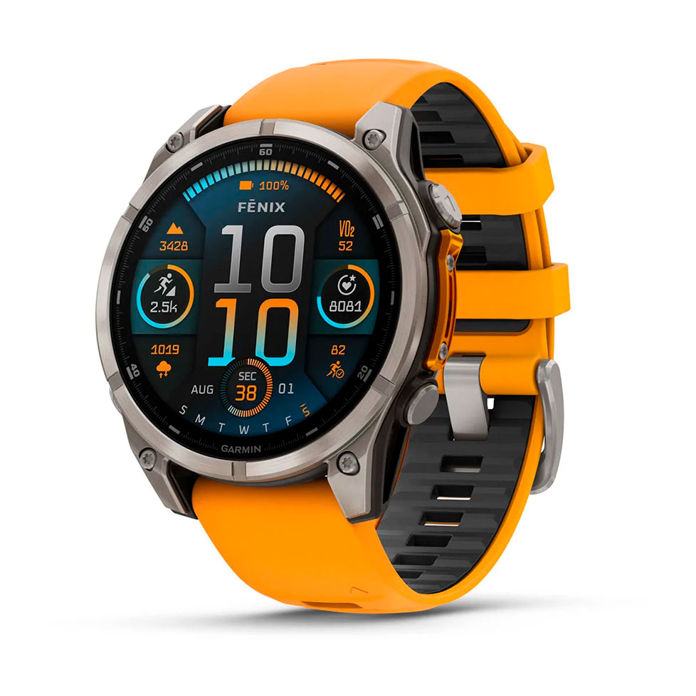 Garmin fenix 8 – 47мм, AMOLED Sapphire, Titanium з Spark Orange/Graphite помаранчевим силіконовим ремінцем