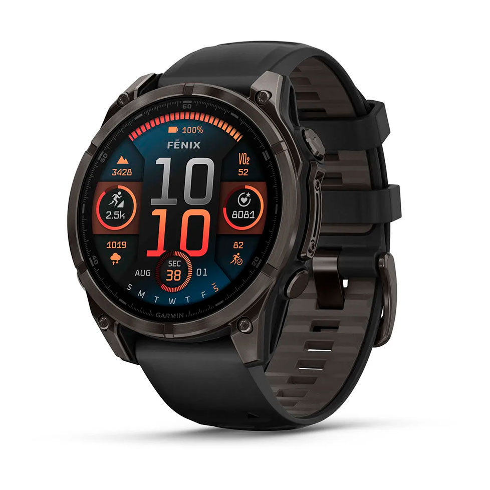 Garmin fenix 8 – 47мм, AMOLED Sapphire, Carbon Grey DLC Titanium з Black/Pebble Grey чорним силіконовим ремінцем