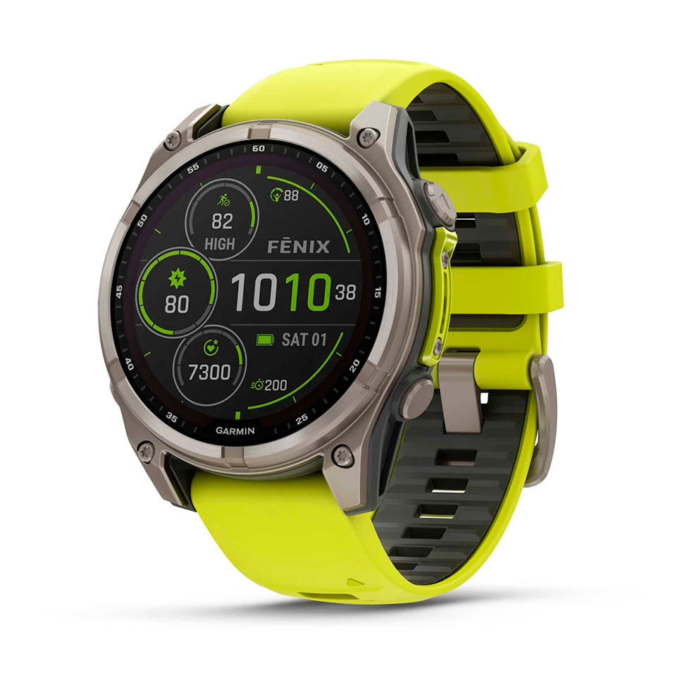 Garmin fenix 8 – 47мм, Solar Sapphire, Titanium з Amp Yellow/Graphite жовтим силіконовим ремінцем